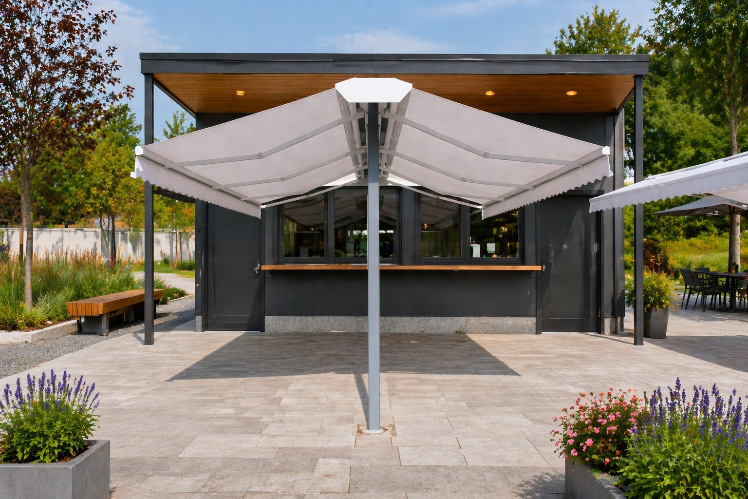 Fix telepítésű állványos napellenző betonba ágyazva